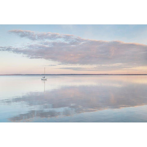 Sailboat and morning clouds reflected in calm waters of Bellingham Bay-Washington State White Modern Wood Framed Art Print by Majchrowicz, Alan