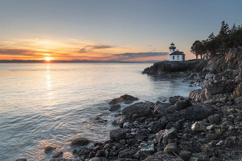 Lime Kiln Lighthouse at sunset-Lime Kiln Point State Park-San Juan Island-Washington State White Modern Wood Framed Art Print with Double Matting by Majchrowicz, Alan