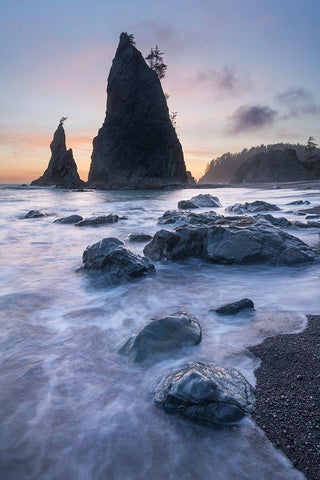 Twilight at Split Rock on Rialto Beach-Olympic National Park White Modern Wood Framed Art Print with Double Matting by Majchrowicz, Alan