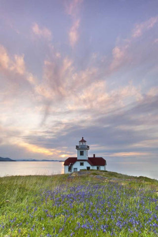 Washington Sunset on Patos Island Lighthouse White Modern Wood Framed Art Print with Double Matting by Paulson, Don