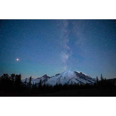 The lights of climbers can be seen on the mountain as the Milky Way rises behind Mt Rainier Black Modern Wood Framed Art Print by Probst, Greg