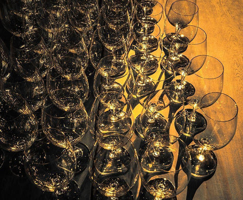 Washington State-Walla Walla Pattern of empty wine glasses in rich sunlight on wooden table Black Ornate Wood Framed Art Print with Double Matting by Duval, Richard