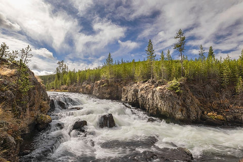 Cascading Firehole River and clouds-Yellowstone National Park-Wyoming Black Ornate Wood Framed Art Print with Double Matting by Jones, Adam