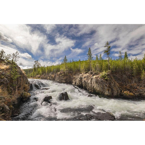 Cascading Firehole River and clouds-Yellowstone National Park-Wyoming Gold Ornate Wood Framed Art Print with Double Matting by Jones, Adam