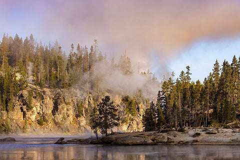 Morning mist on Yellowstone River-Yellowstone National Park-Wyoming White Modern Wood Framed Art Print with Double Matting by Jones, Adam