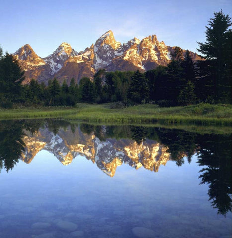 WY, Grand Tetons reflect in the Snake River White Modern Wood Framed Art Print with Double Matting by Talbot Frank, Christopher