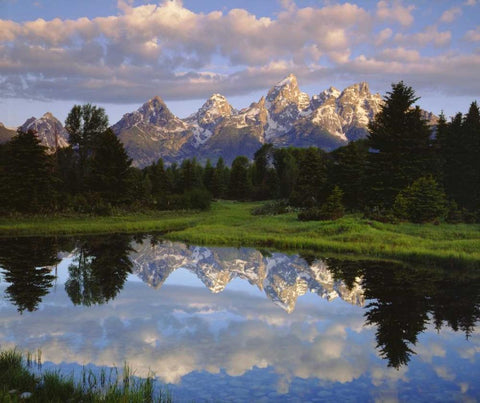 Wyoming Grand Tetons reflect in the Snake River White Modern Wood Framed Art Print with Double Matting by Talbot Frank, Christopher