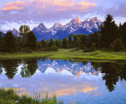 Wyoming Grand Tetons reflect in the Snake River White Modern Wood Framed Art Print with Double Matting by Talbot Frank, Christopher