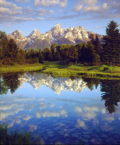 Wyoming Grand Tetons reflect in the Snake River White Modern Wood Framed Art Print with Double Matting by Talbot Frank, Christopher