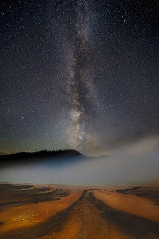 USA-Wyoming-Yellowstone National Park Milky Way above Grand Prismatic Spring Black Ornate Wood Framed Art Print with Double Matting by Jaynes Gallery