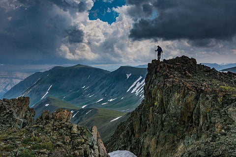 Male climber on ridge-Absaroka Mountains near Cody and Meeteetse-Wyoming-Washakie Wilderness White Modern Wood Framed Art Print with Double Matting by Garber, Howie