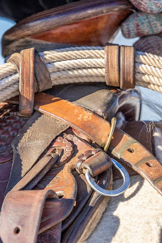 USA- Wyoming. Hideout Horse Ranch- saddle detail. White Modern Wood Framed Art Print with Double Matting by Looney, Hollice