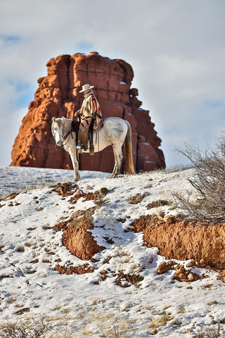 USA- Wyoming. Hideout Horse Ranch- wrangler on horseback in snow. White Modern Wood Framed Art Print with Double Matting by Looney, Hollice