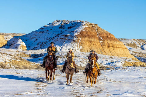 USA- Wyoming. Hideout Horse Ranch- wranglers and horses in snow. White Modern Wood Framed Art Print with Double Matting by Looney, Hollice