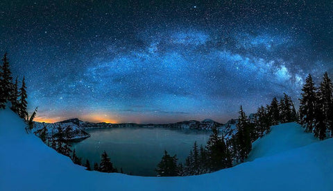 Starry Night Over The Crater Lake Black Ornate Wood Framed Art Print with Double Matting by Zhu, Hua