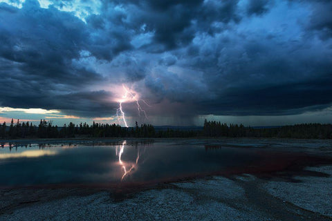 Lightning Above Turquoise Pool White Modern Wood Framed Art Print with Double Matting by Fu, Annie
