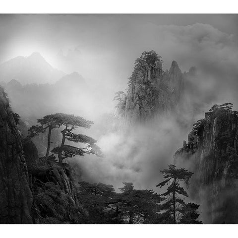 Huang Shan In The Fog White Modern Wood Framed Art Print by Guoji