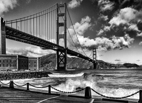 Surfing Under The Golden Gate Bridge Black Ornate Wood Framed Art Print with Double Matting by Domont, Jois