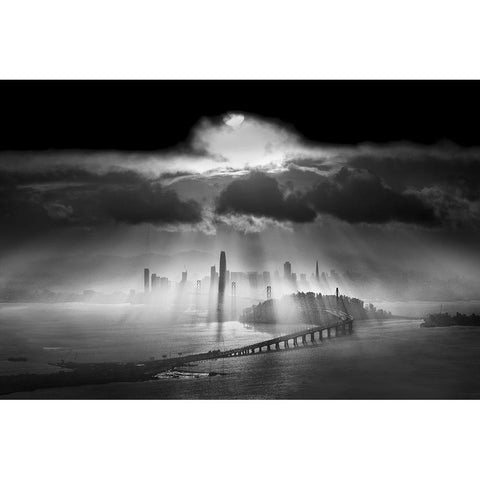 Sunbeams Over The Bridge Gold Ornate Wood Framed Art Print with Double Matting by Huang, Lily