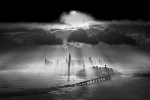 Sunbeams Over The Bridge Black Ornate Wood Framed Art Print with Double Matting by Huang, Lily