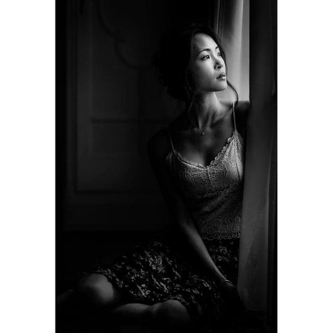 Relaxing At The Window Black Modern Wood Framed Art Print with Double Matting by Yamamoto, Eiji