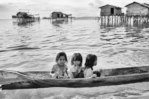 Three Girls In A Canoe White Modern Wood Framed Art Print with Double Matting by Long, Kieron