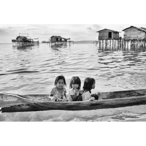 Three Girls In A Canoe White Modern Wood Framed Art Print by Long, Kieron