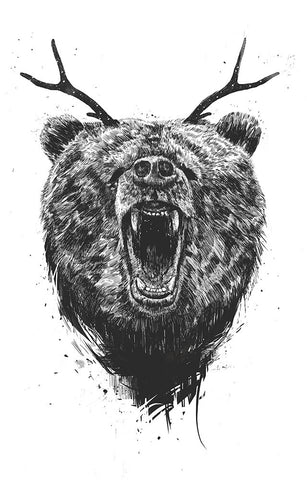 Angry Bear with Antlers Black Ornate Wood Framed Art Print with Double Matting by Solti, Balazs