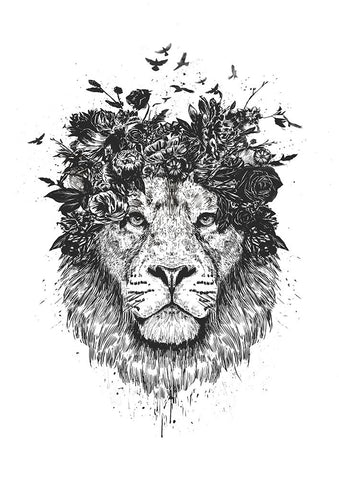 Floral lion (bw) Black Ornate Wood Framed Art Print with Double Matting by Solti, Balazs