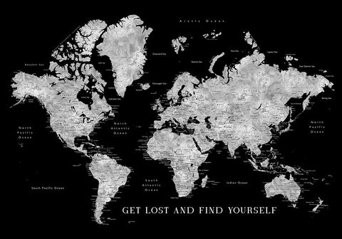 Baibah world map with cities - get lost Black Ornate Wood Framed Art Print with Double Matting by Laiz Blursbyai, Rosana