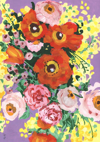 Red And Pink Bouquet On Violet White Modern Wood Framed Art Print with Double Matting by Zwara, Ania