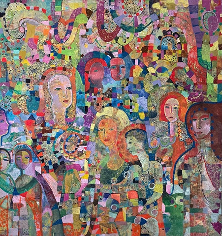 Human Tapestry Oil Paint On Panel 2022 White Modern Wood Framed Art Print with Double Matting by Loebelsohn, Alise