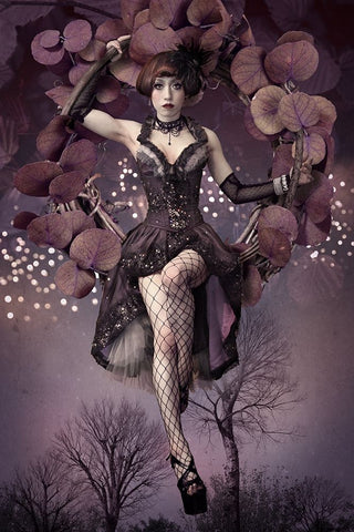 Night Aerial Girl Black Ornate Wood Framed Art Print with Double Matting by Murakami, Kiyo
