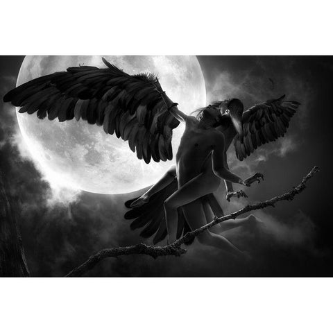 Raven Dance Black Modern Wood Framed Art Print by Kiciak, Christophe