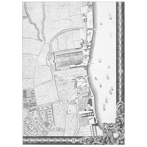 Roque Sectional map of London 1748 Black Modern Wood Framed Art Print with Double Matting by Roque, John