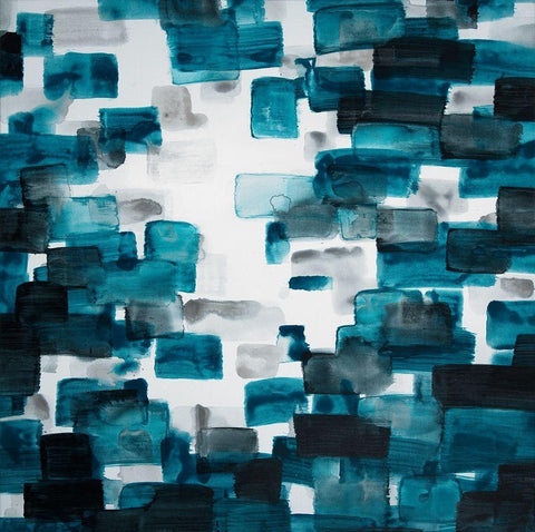 TURQUOISE AND GRAY SHAPES White Modern Wood Framed Art Print with Double Matting by Atelier B Art Studio