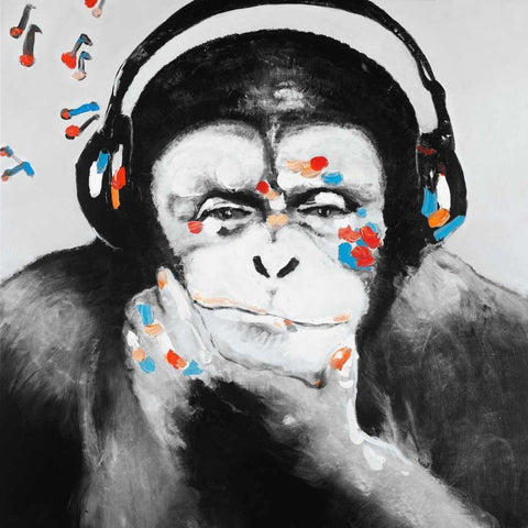 Monkey with Headphones Black Modern Wood Framed Art Print by Atelier B Art Studio