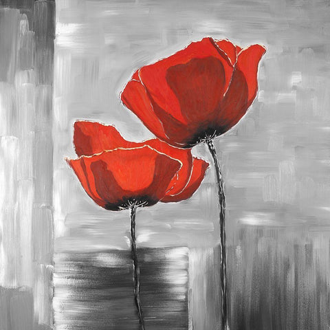 Two Red Flowers on a Grayscale Background Black Ornate Wood Framed Art Print with Double Matting by Atelier B Art Studio