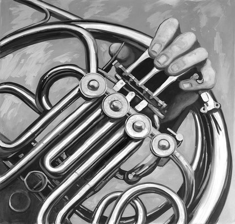 Musician with frech horn monochrome White Modern Wood Framed Art Print with Double Matting by Atelier B Art Studio