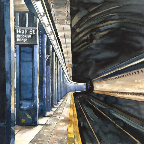 NEW-YORK SUBWAY White Modern Wood Framed Art Print with Double Matting by Atelier B Art Studio