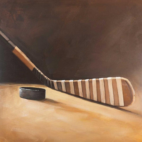 Stick and Hockey Puck White Modern Wood Framed Art Print with Double Matting by Atelier B Art Studio