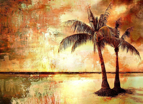 Tropical Sunset White Modern Wood Framed Art Print with Double Matting by Anon.