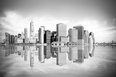 New York Downtown Cityscape Black Ornate Wood Framed Art Print with Double Matting by Anon.