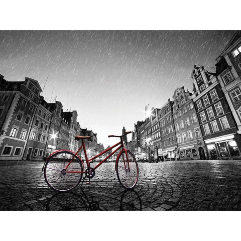 Red Bike on Cobble Stone Street White Modern Wood Framed Art Print by Bednarek, M.
