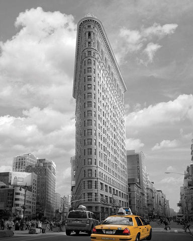 Yellow Cabs at Flatiron Building White Modern Wood Framed Art Print with Double Matting by Maloratsky, Igor