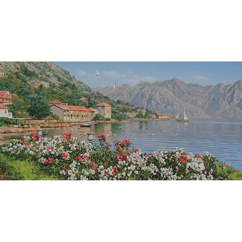 Kotor Bay White Modern Wood Framed Art Print by Adamov, Alexey