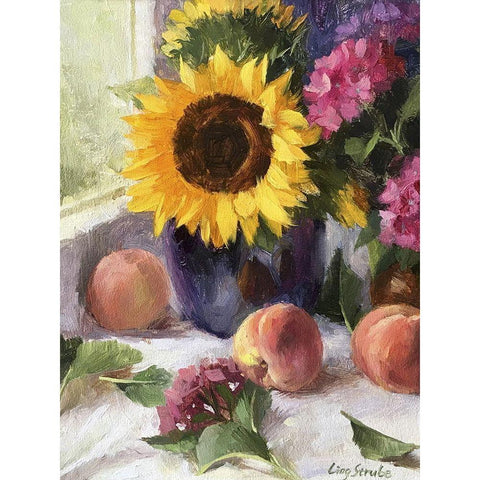 Still Life with Sunflowers and Peaches Gold Ornate Wood Framed Art Print with Double Matting by Strube, Ling