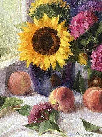 Still Life with Sunflowers and Peaches White Modern Wood Framed Art Print with Double Matting by Strube, Ling