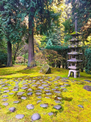 Pagoda Garden III White Modern Wood Framed Art Print with Double Matting by Grayscale