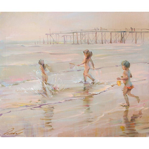 Children and the ocean Black Modern Wood Framed Art Print by Romanov, Roman